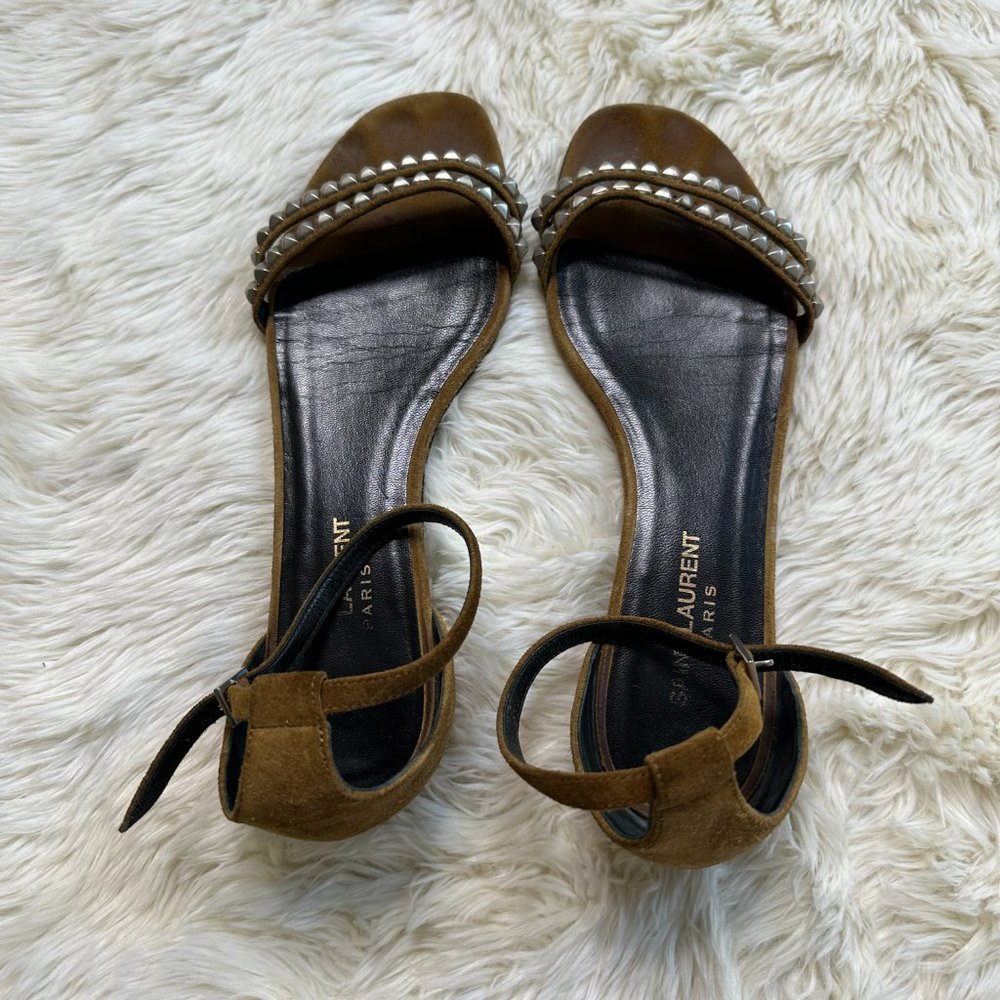 Saint Laurent Tan Studded Suede Ankle-Strap Flat Sandal Women's 38.5 - Picture 5 of 8